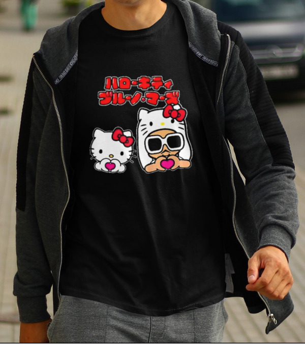 Bruno Mars X Hello Kitty Collaboration Japan Style Cute Characters With Sunglasses And Heart T-Shirt