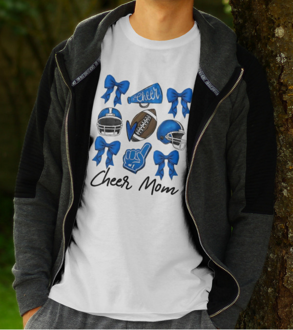 Cheer Mom Era Pom Cheer Leopard Football Coquette Bow Blue T-Shirt