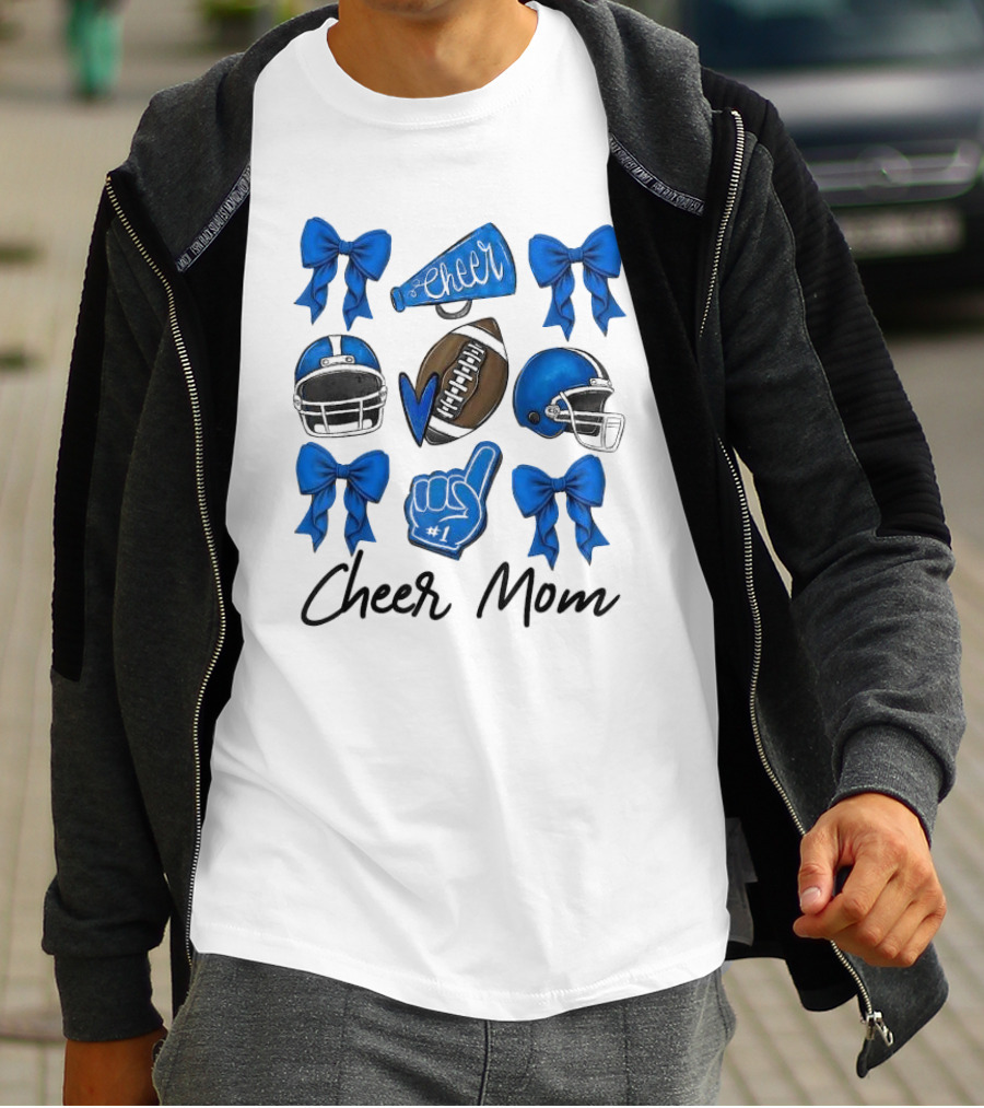 Cheer Mom Era Pom Cheer Leopard Football Coquette Bow Blue T-Shirt