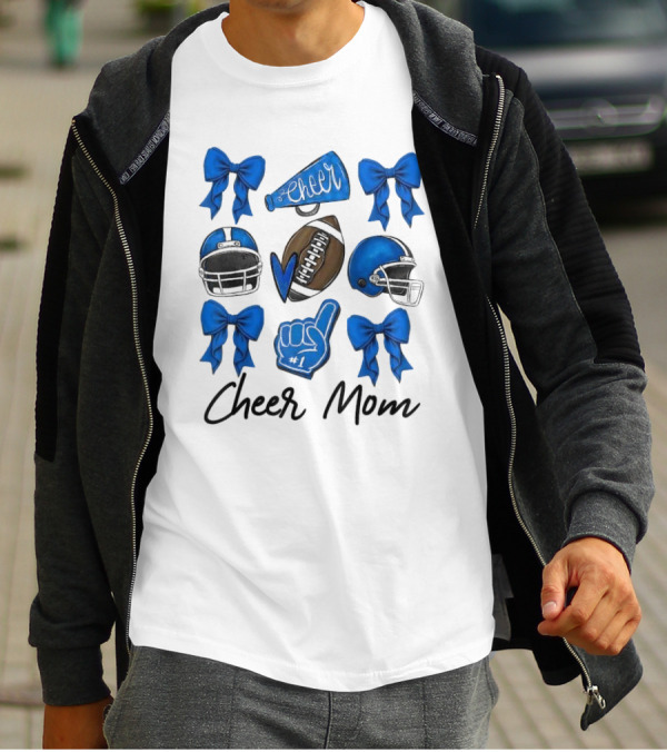 Cheer Mom Era Pom Cheer Leopard Football Coquette Bow Blue T-Shirt