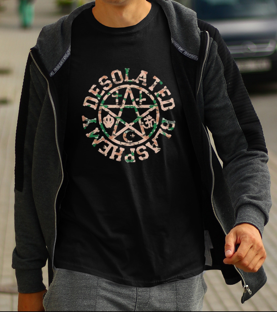 Desolated Blasphemy Pentagram With Religious Symbols T-Shirt