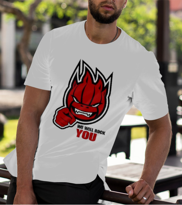 Sir Safety Perugia We Will Rock You Red Flame Character With Pointing Finger T-Shirt