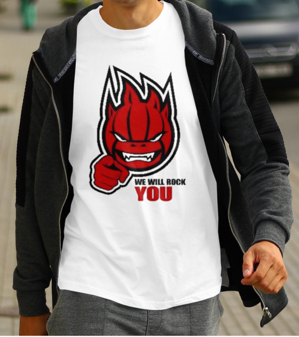 Sir Safety Perugia We Will Rock You Red Flame Character With Pointing Finger T-Shirt