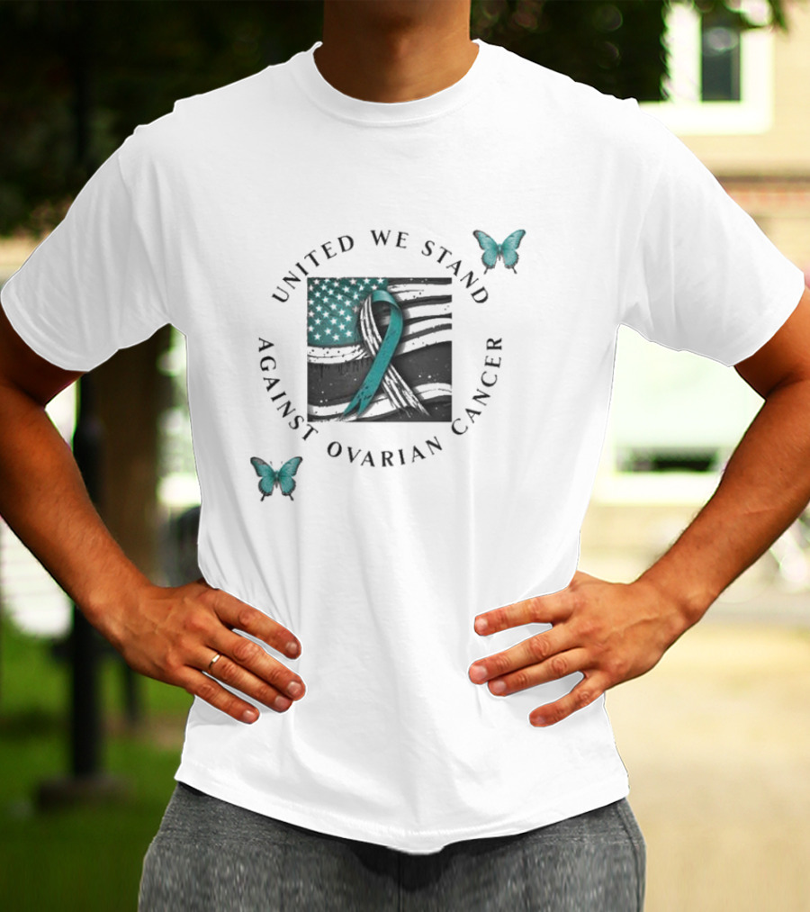 United We Stand Against Ovarian Cancer Ribbon American Flag Butterfly T-Shirt