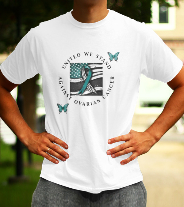 United We Stand Against Ovarian Cancer Ribbon American Flag Butterfly T-Shirt