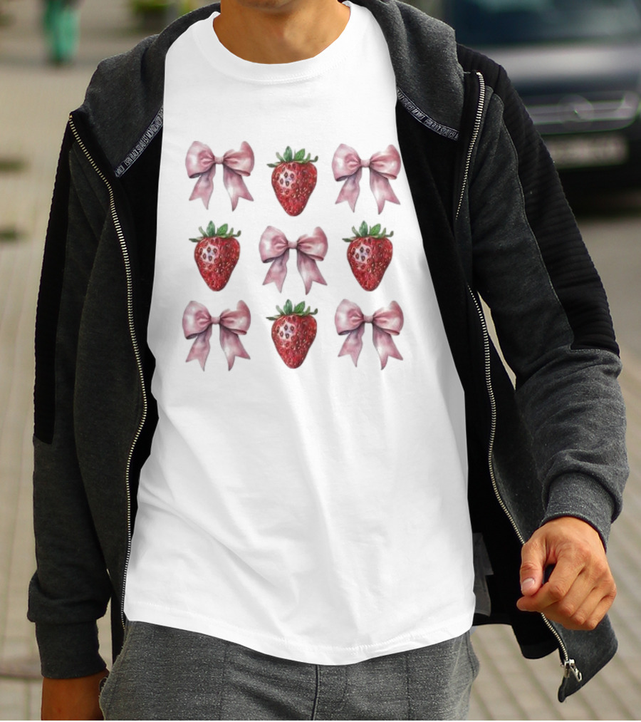 Women’s Summer Strawberries With Pink Bows Coquette T-Shirt