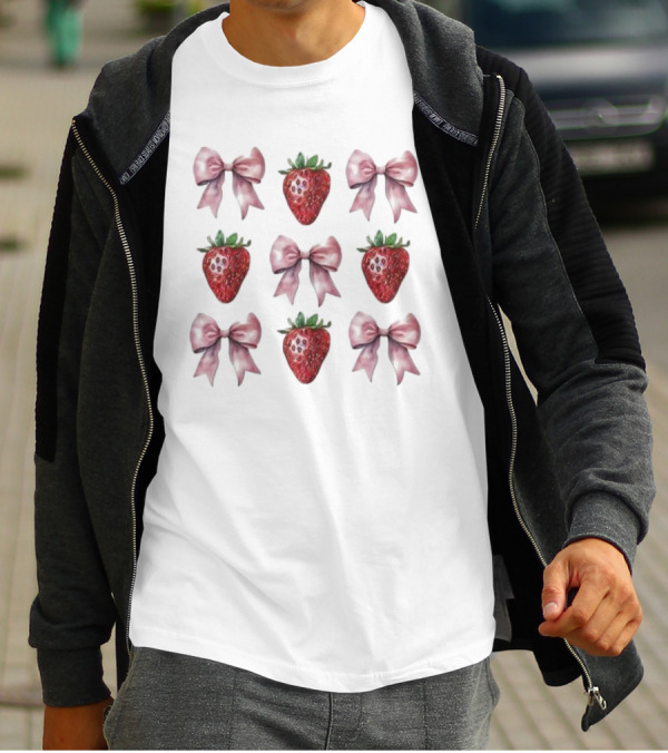 Women’s Summer Strawberries With Pink Bows Coquette T-Shirt