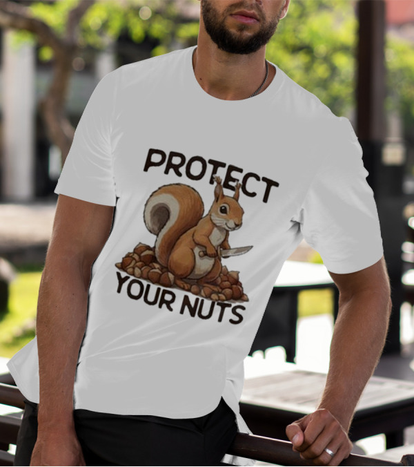 Protect Your Nuts Squirrel Holding Knife Surrounded By Nuts T-Shirt