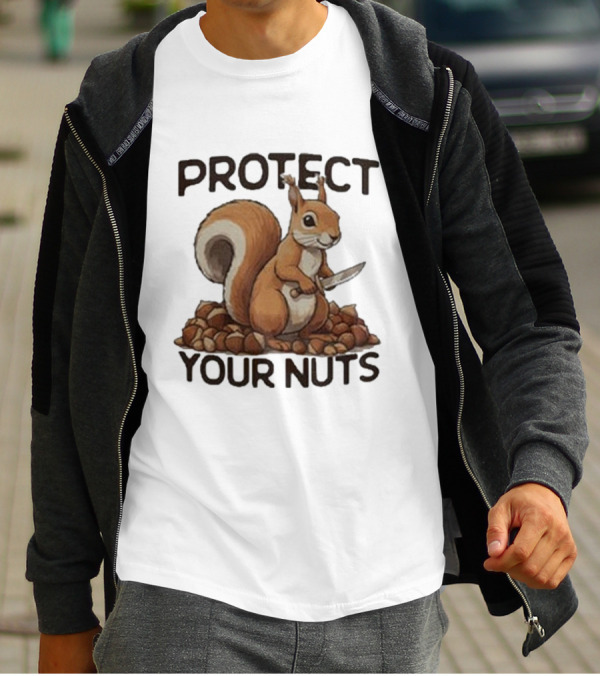 Protect Your Nuts Squirrel Holding Knife Surrounded By Nuts T-Shirt