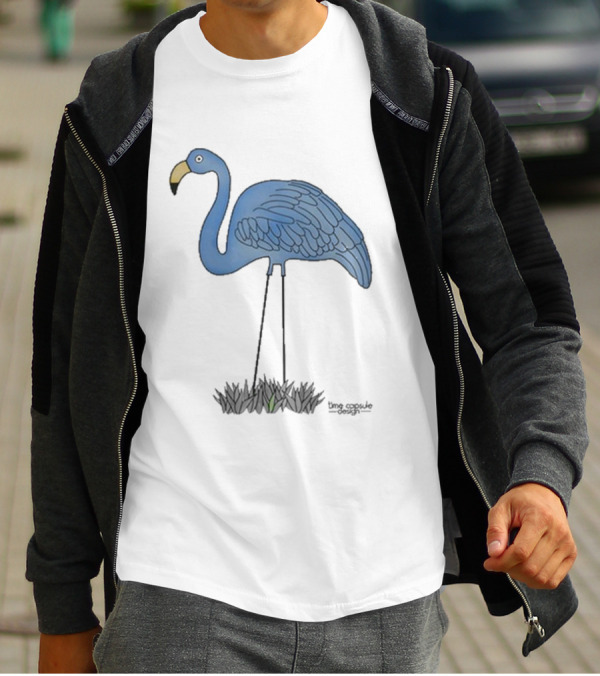 Time Capsule Design Blue Flamingo On Black Grass Background T-Shirt