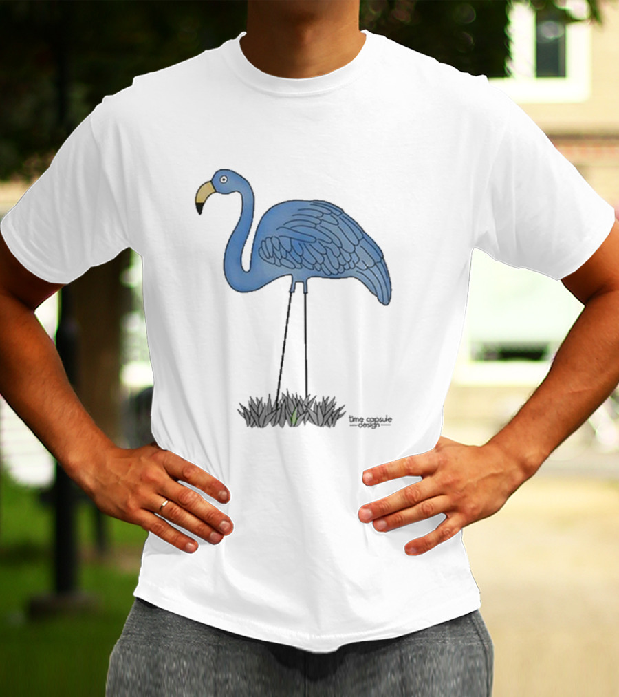 Time Capsule Design Blue Flamingo On Black Grass Background T-Shirt