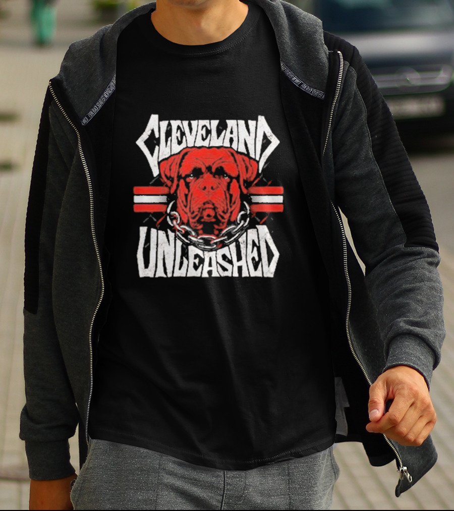 Cleveland Unleashed Dog With Chains And Stripes T-Shirt