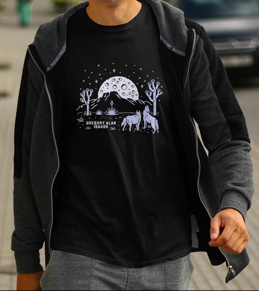 Gregory Alan Isakov Full Moon In Joshua Tree Desert Night With Horses And Cacti T-Shirt