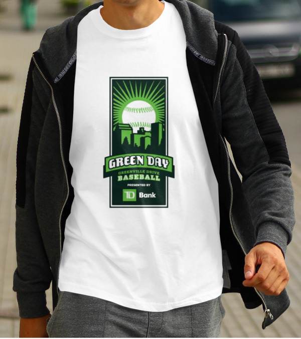 Green Day Greenville Drive Baseball Presented By TD Bank Skyline Baseball Sunburst T-Shirt