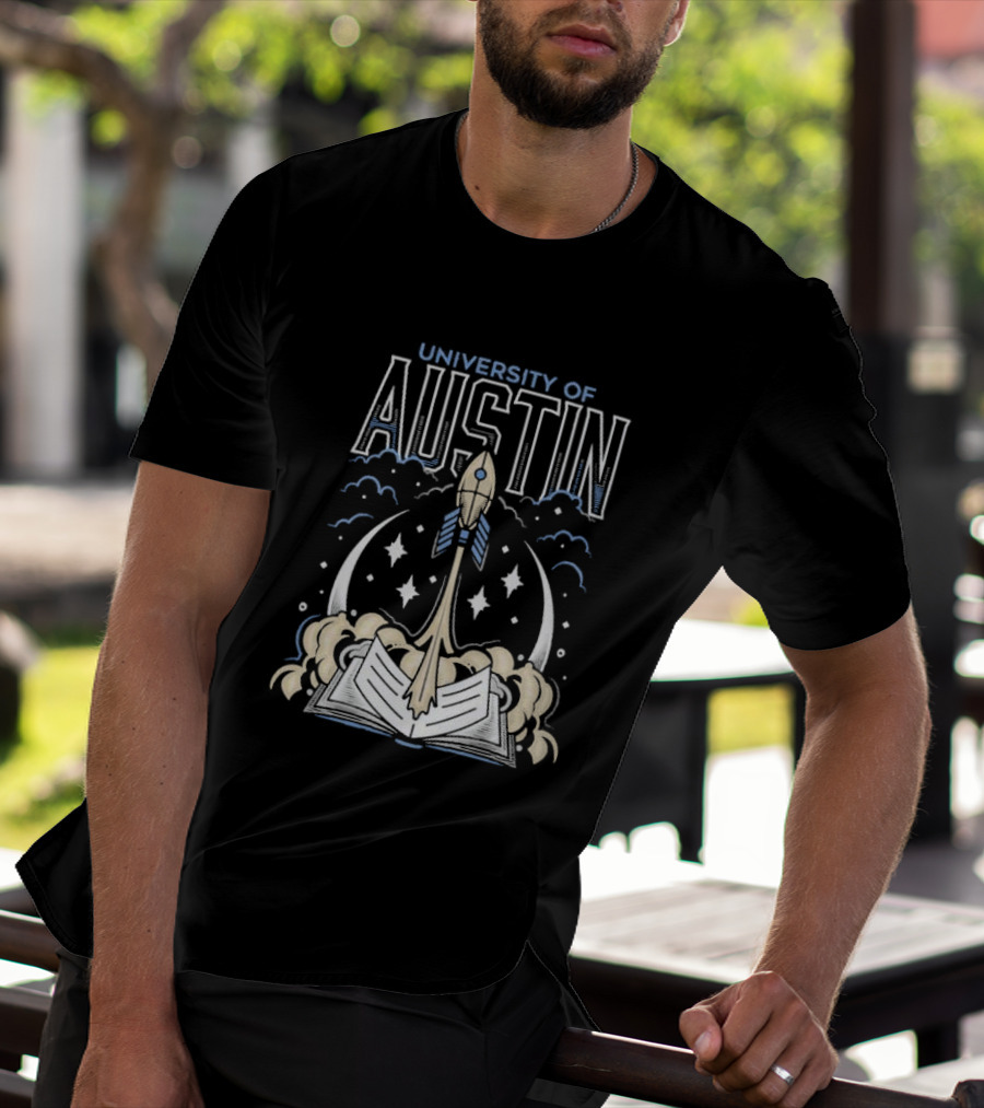 University Of Austin Rocket Book Imagery With Stars And Clouds T-Shirt