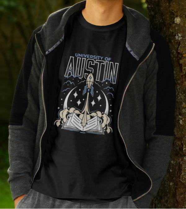 University Of Austin Rocket Book Imagery With Stars And Clouds T-Shirt