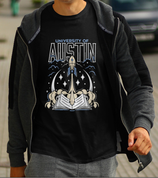 University Of Austin Rocket Book Imagery With Stars And Clouds T-Shirt