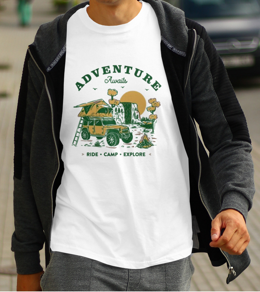 Adventure Awaits Ride Camp Explore Jeep Camping Scene T-Shirt
