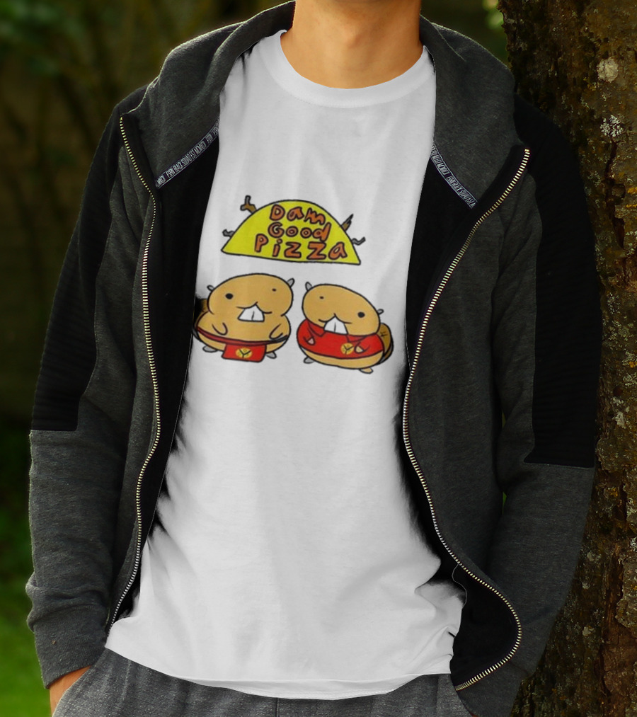 Dam Good Pizza Beaver Characters Duo In Red With Iconic Yellow Cheese Slice T-Shirt