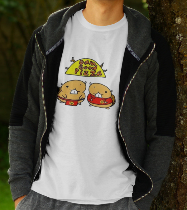 Dam Good Pizza Beaver Characters Duo In Red With Iconic Yellow Cheese Slice T-Shirt