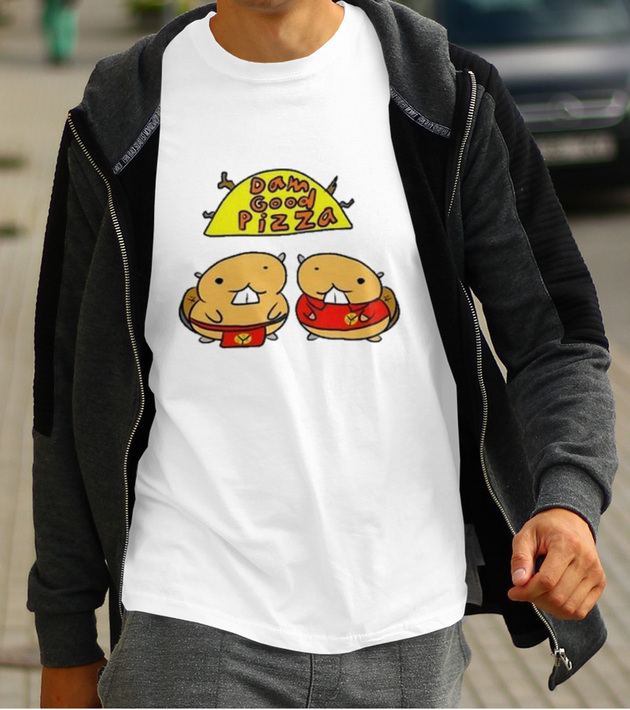 Dam Good Pizza Beaver Characters Duo In Red With Iconic Yellow Cheese Slice T-Shirt