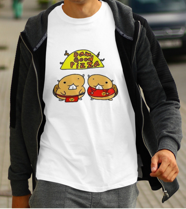 Dam Good Pizza Beaver Characters Duo In Red With Iconic Yellow Cheese Slice T-Shirt