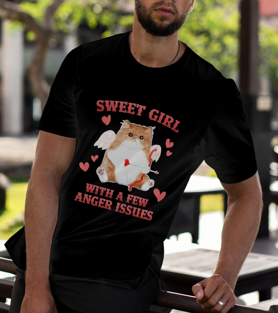Sweet Girl With A Few Anger Issues Cat With Bow And Arrow Vintage Hearts T-Shirt