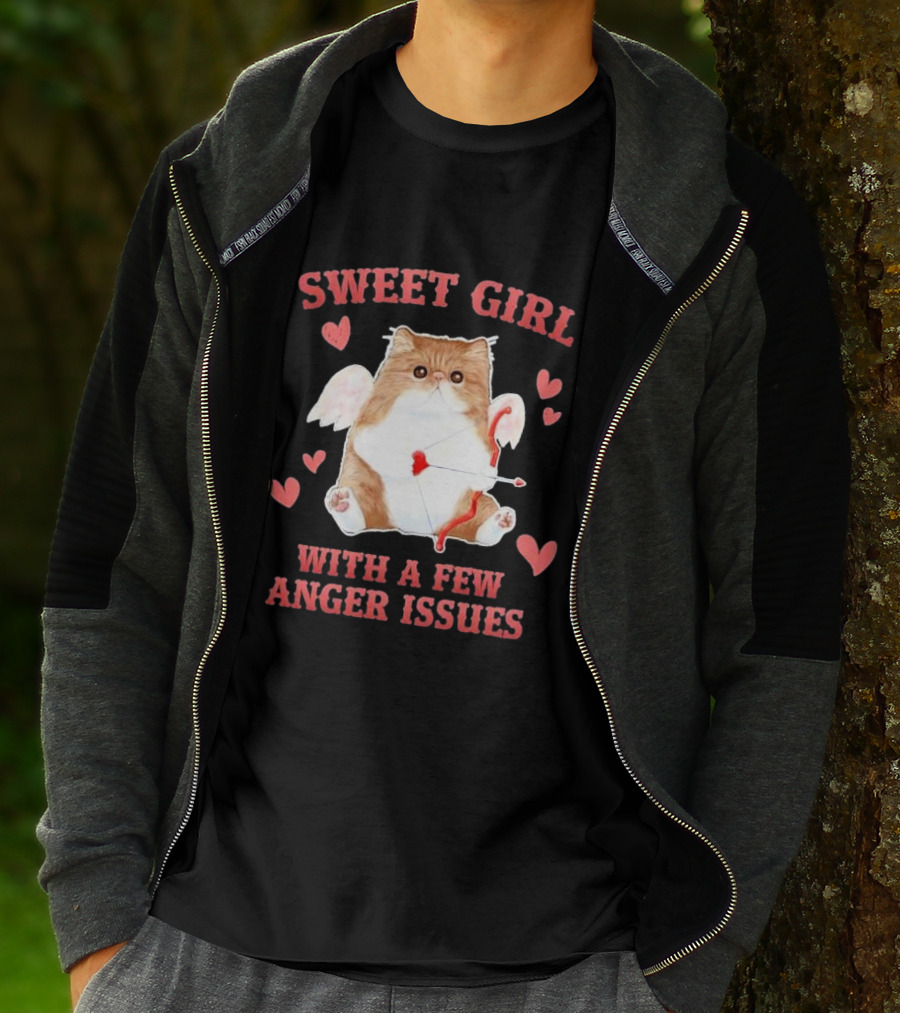 Sweet Girl With A Few Anger Issues Cat With Bow And Arrow Vintage Hearts T-Shirt