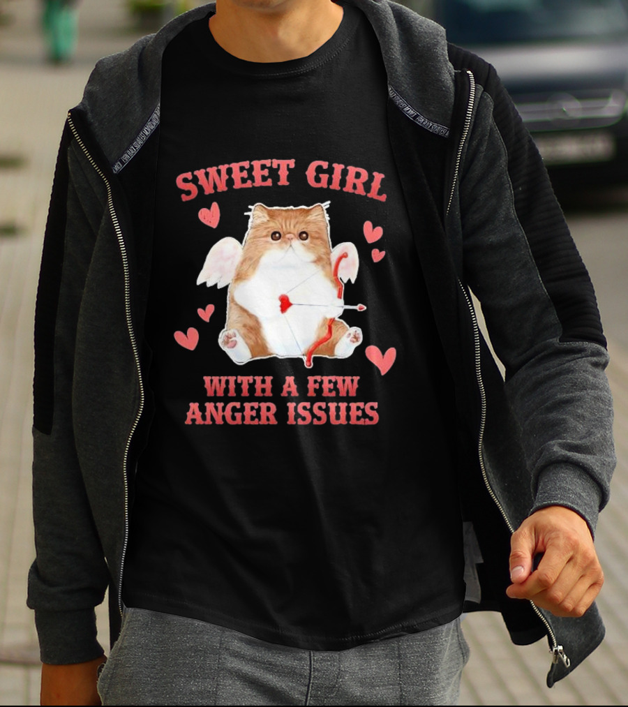 Sweet Girl With A Few Anger Issues Cat With Bow And Arrow Vintage Hearts T-Shirt