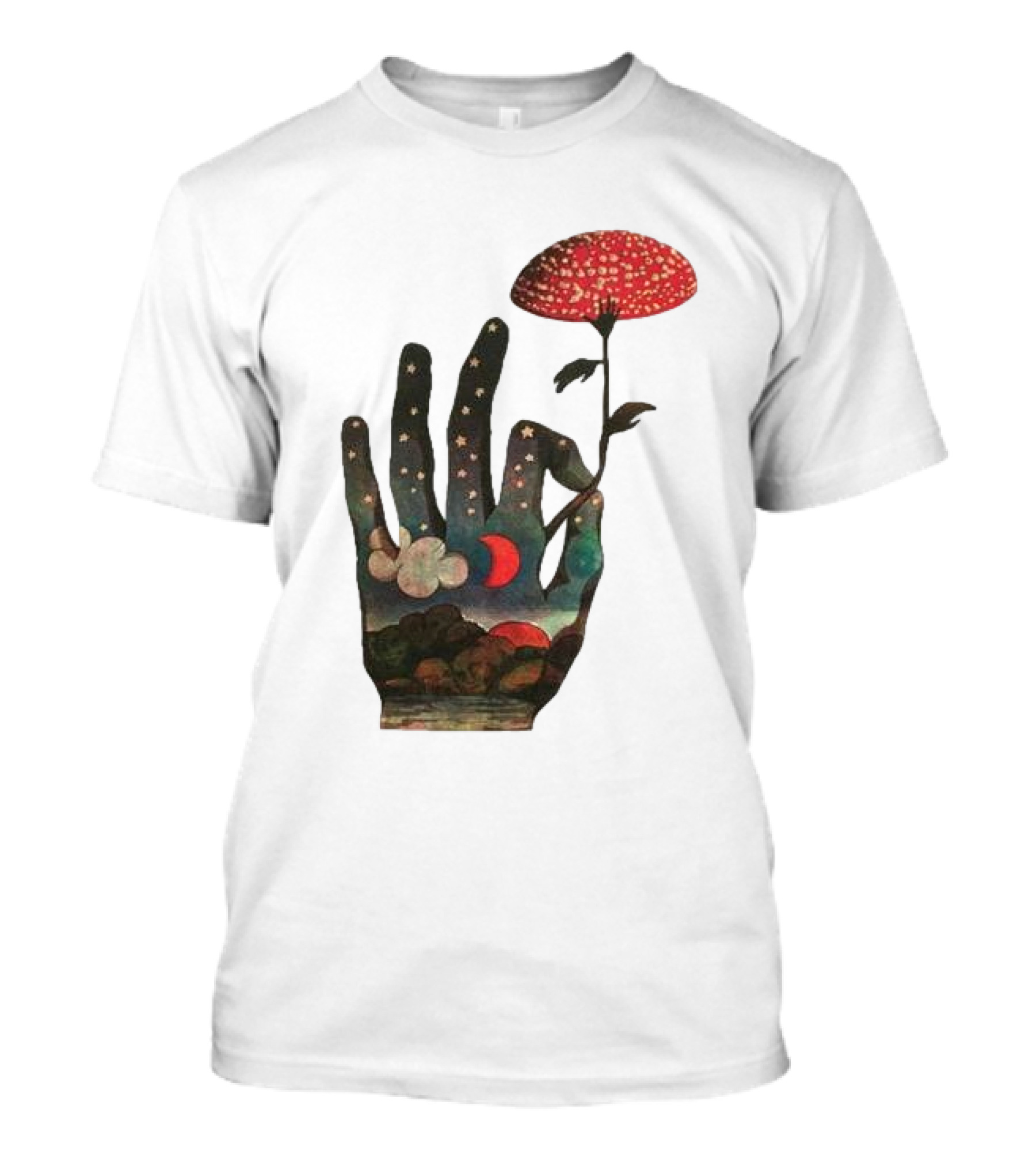Fly Agaric Psychedelic Hand With Night Sky And Moon T-Shirt