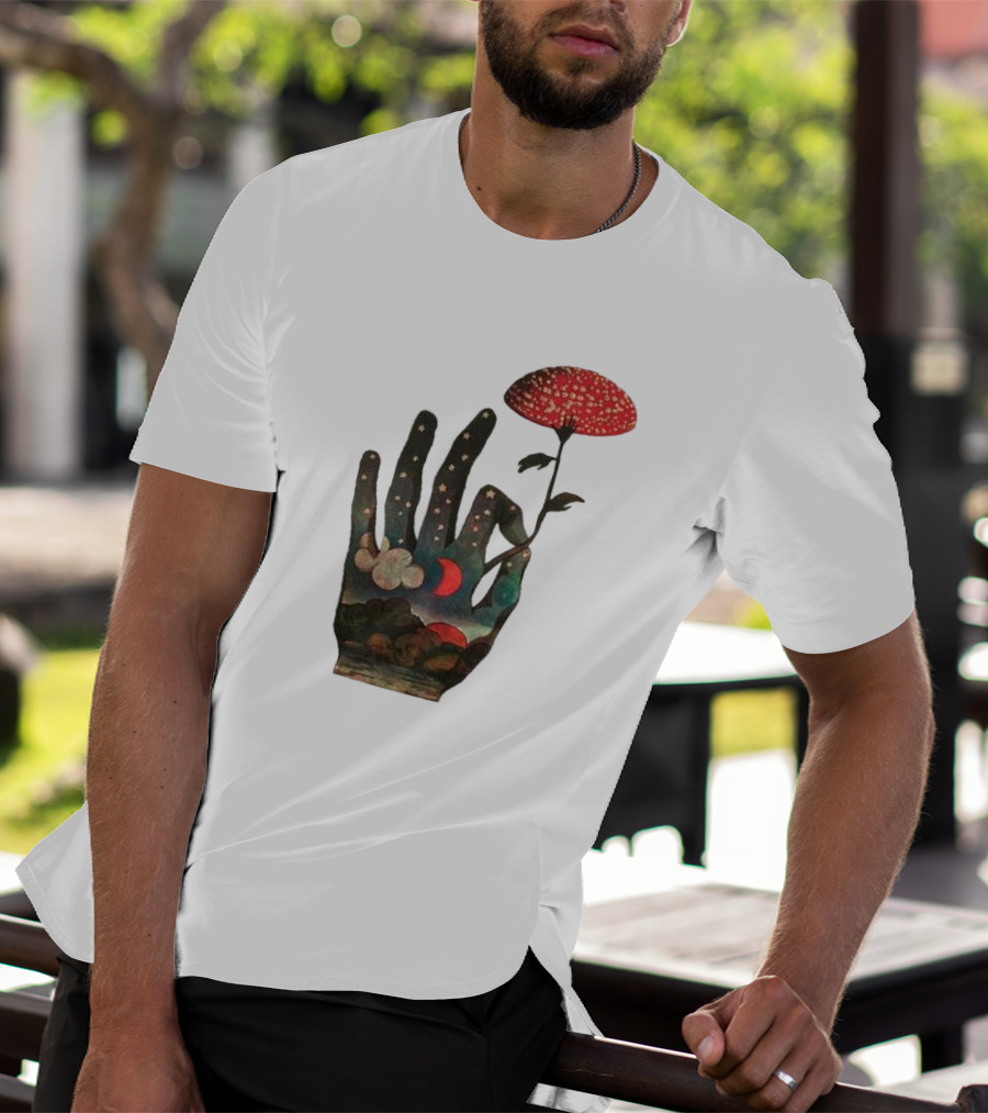 Fly Agaric Psychedelic Hand With Night Sky And Moon T-Shirt