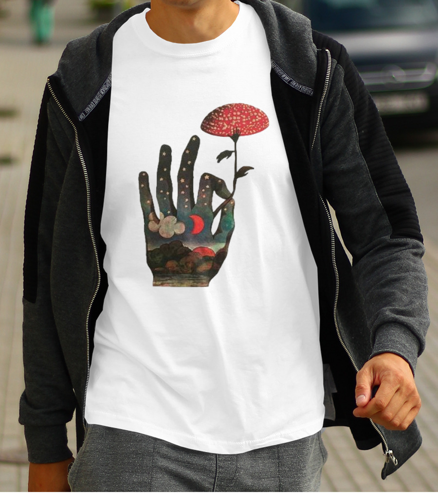 Fly Agaric Psychedelic Hand With Night Sky And Moon T-Shirt