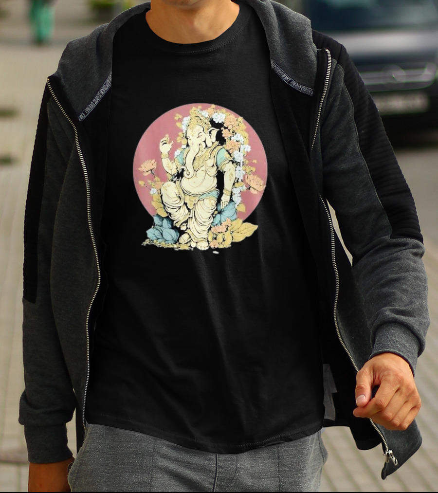 New Rare Hindu God Floral Elephant Deity Lord Ganesh Lotus Flowers Iconic T-Shirt