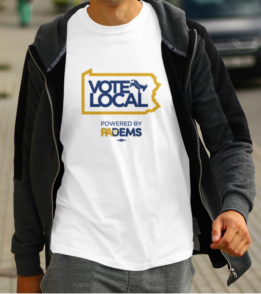 Vote Local Powered By PA Dems Map With Keystone And Donkey Motif T-Shirt