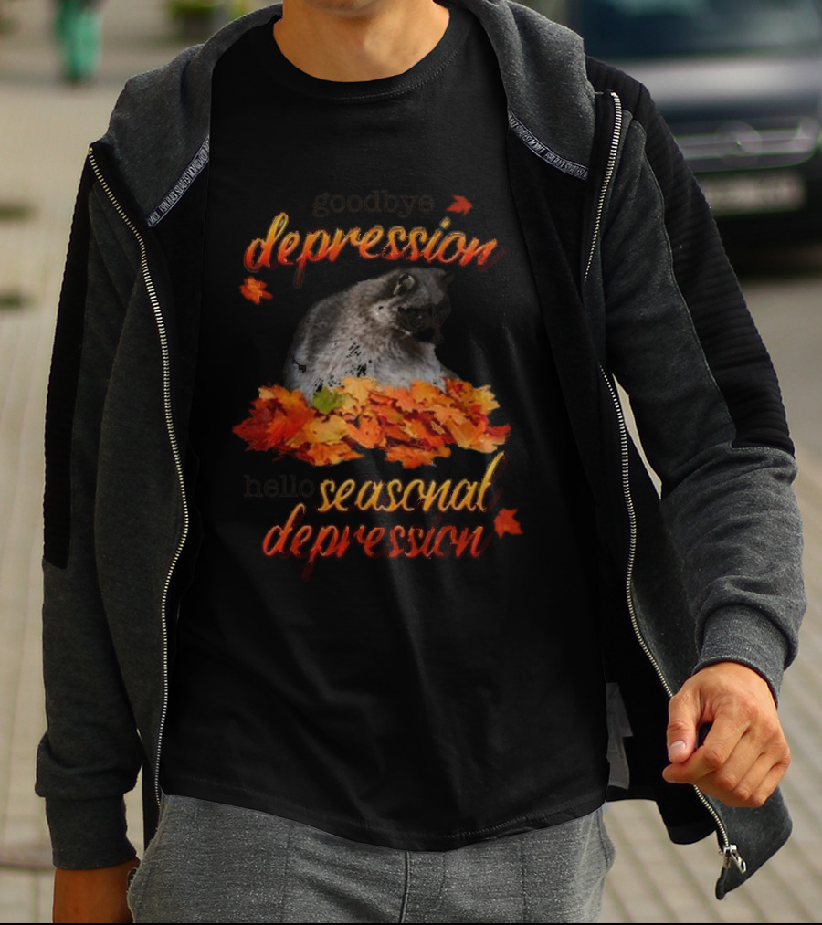 Goodbye Depression Hello Seasonal Depression Autumn Leaves Raccoon T-Shirt