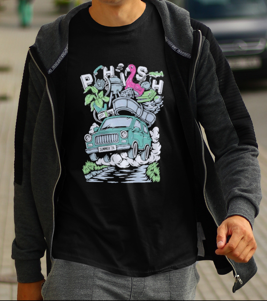 Phish Summer 24 Impossible Road Trip Van With Flamingo And Floating Gear T-Shirt