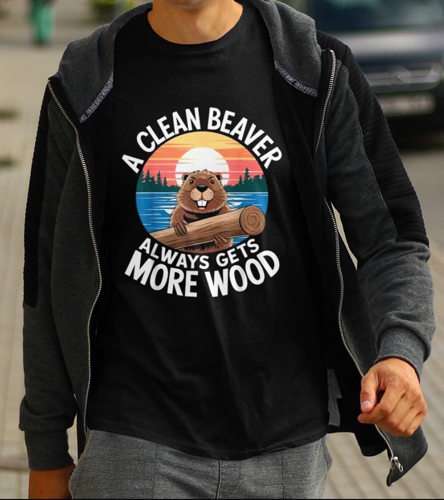 A Clean Beaver Always Gets More Wood Vintage Sunset Beaver Holding Log T-Shirt