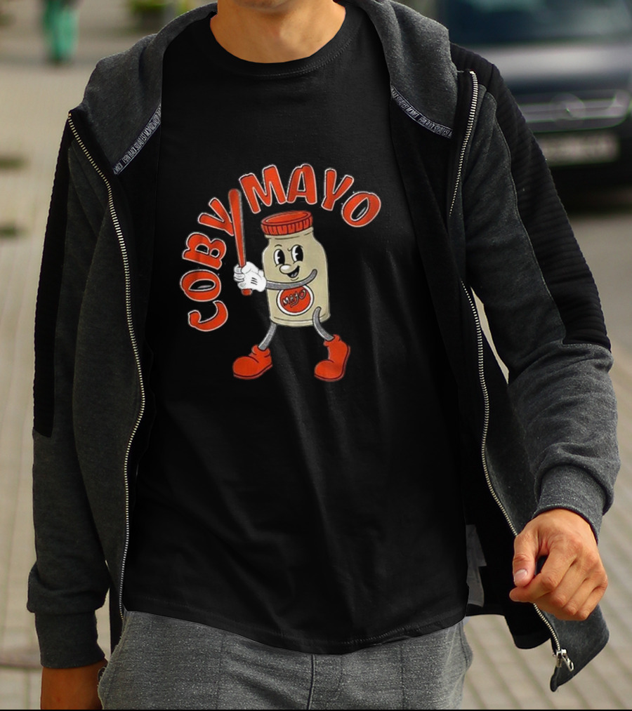 Coby Mayo Cartoon Baseball Jar With Red Letters And Bat T-Shirt