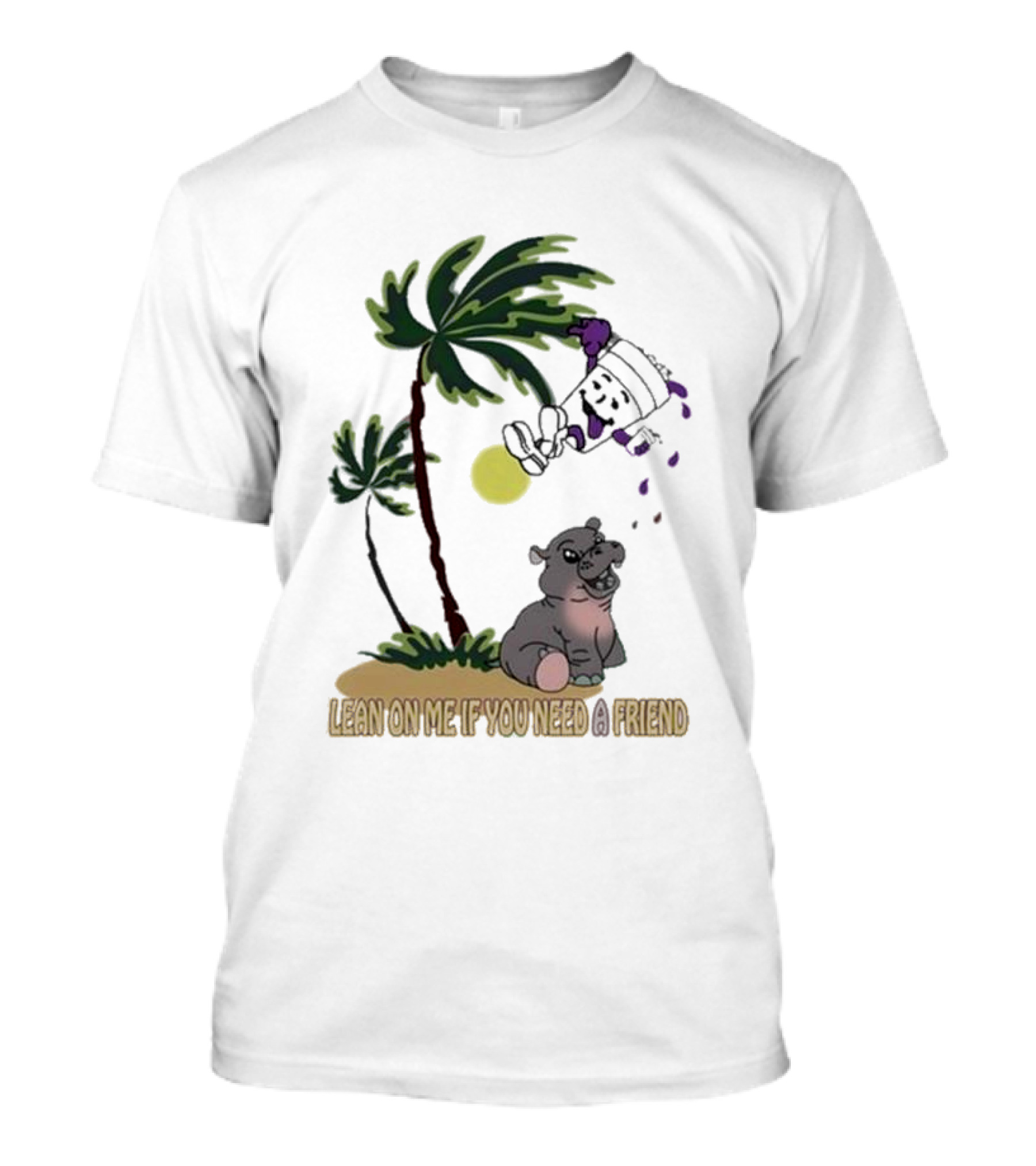 Grapejuiceboys Lean On Me If You Need A Friend Moo Deng Palm Tree Tropical Scene T-Shirt