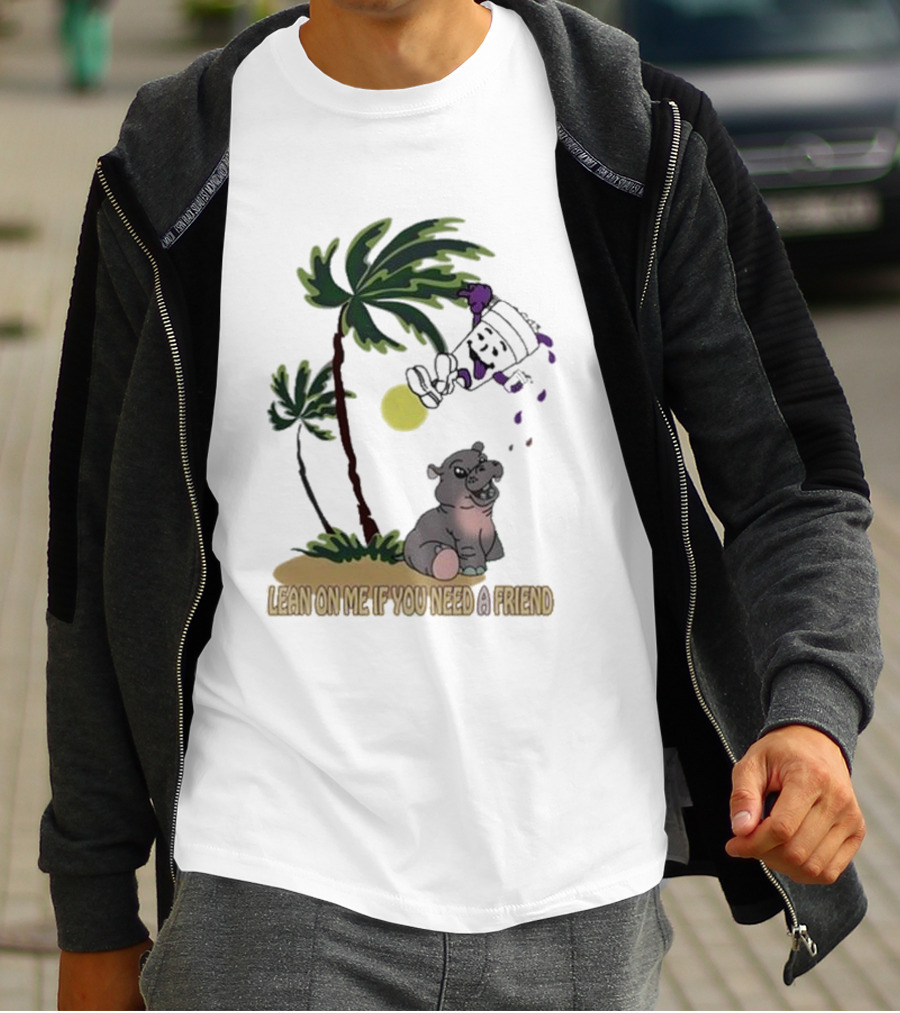 Grapejuiceboys Lean On Me If You Need A Friend Moo Deng Palm Tree Tropical Scene T-Shirt