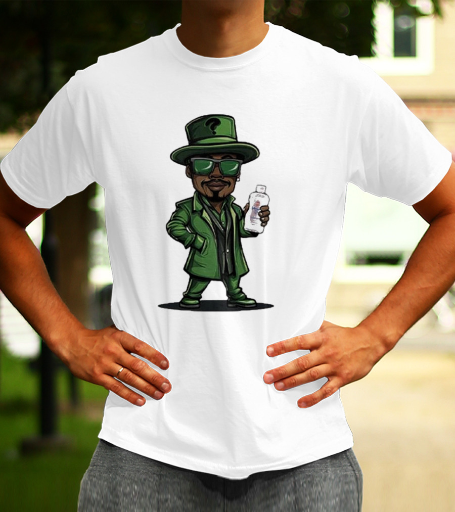 Little Diddler Holding Baby Oil In Green Outfit With Question Mark Hat T-Shirt