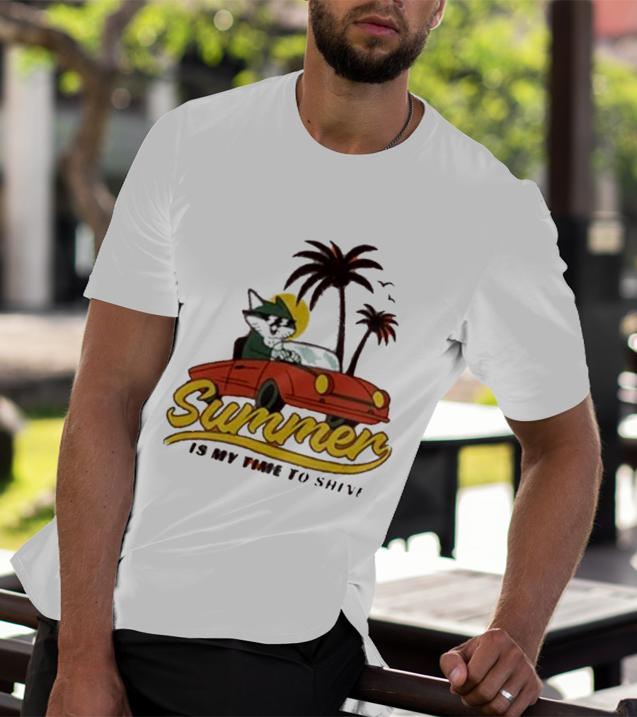 Summer Is My Time To Shine Cat In Car With Palm Trees T-Shirt