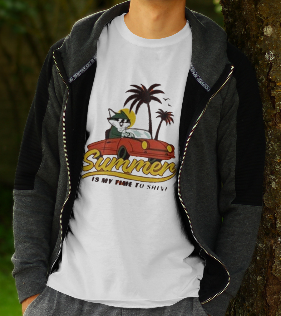 Summer Is My Time To Shine Cat In Car With Palm Trees T-Shirt