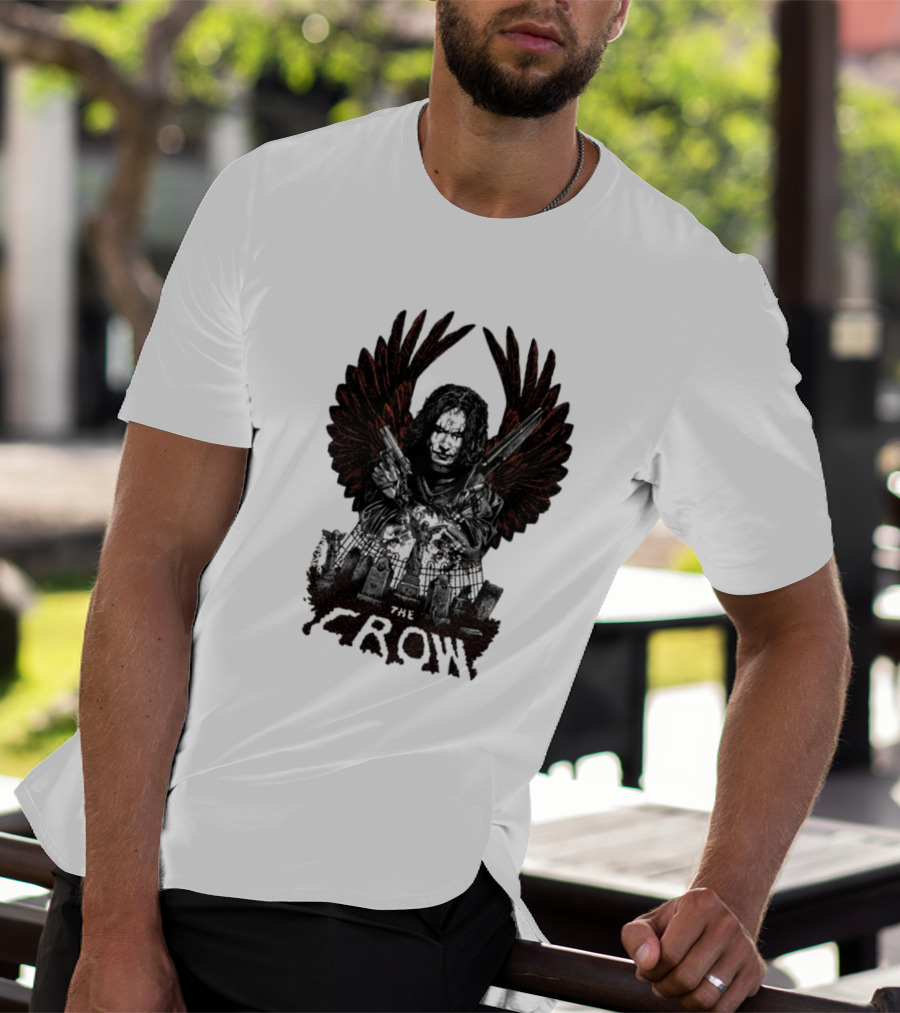 The Crow Winged Figure With Cemetery Background And Gothic Text The Crow T-Shirt