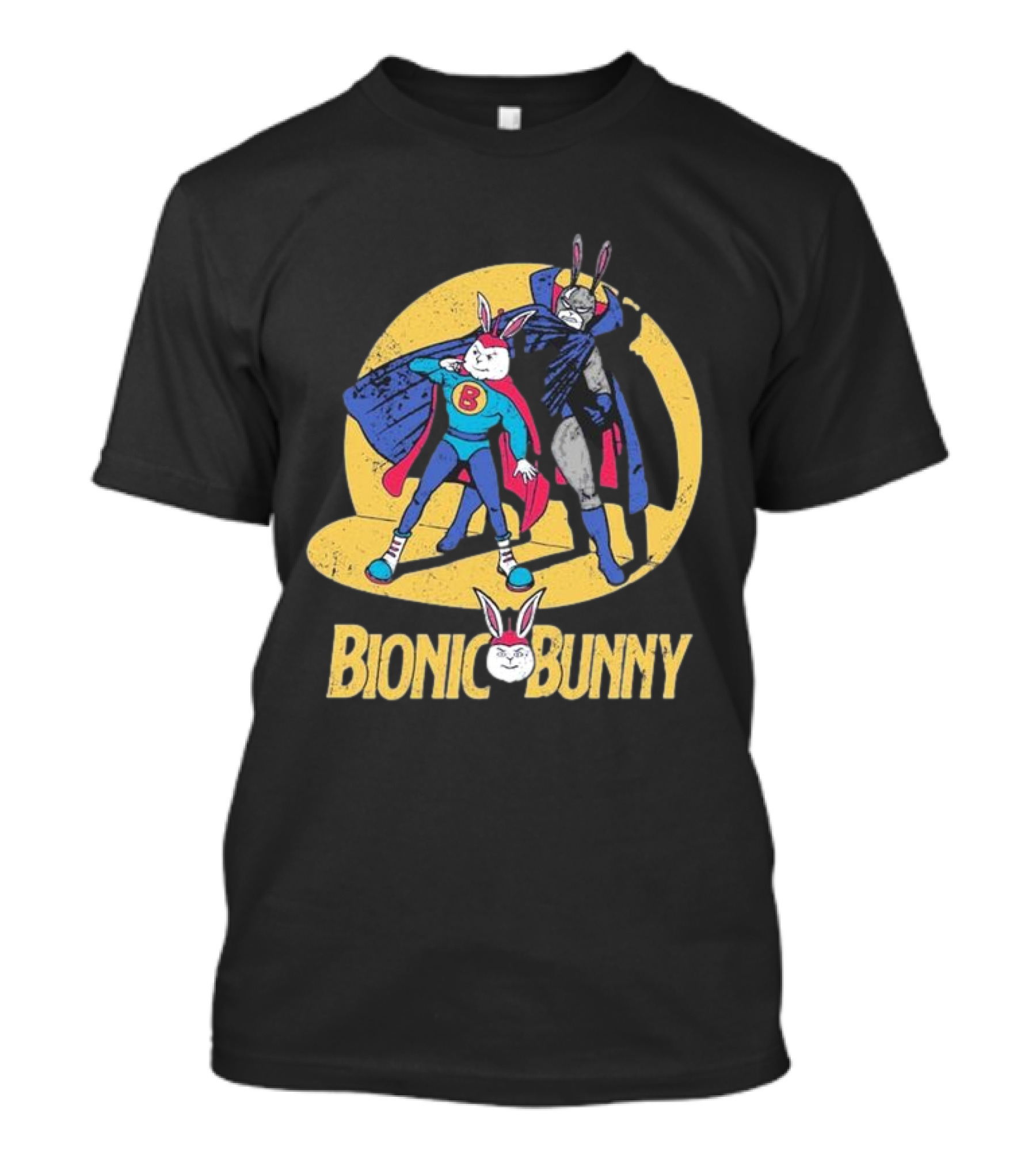 Bionic Bunny Superhero Duo With Colorful Cape And Moon Background T-Shirt