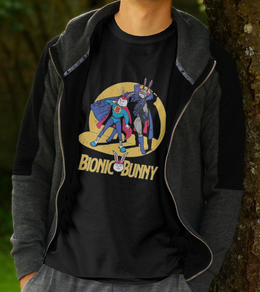 Bionic Bunny Superhero Duo With Colorful Cape And Moon Background T-Shirt