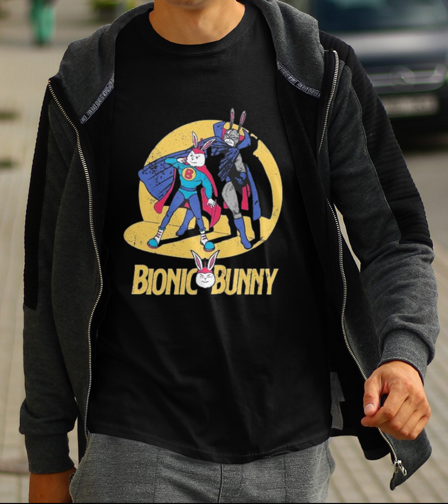 Bionic Bunny Superhero Duo With Colorful Cape And Moon Background T-Shirt