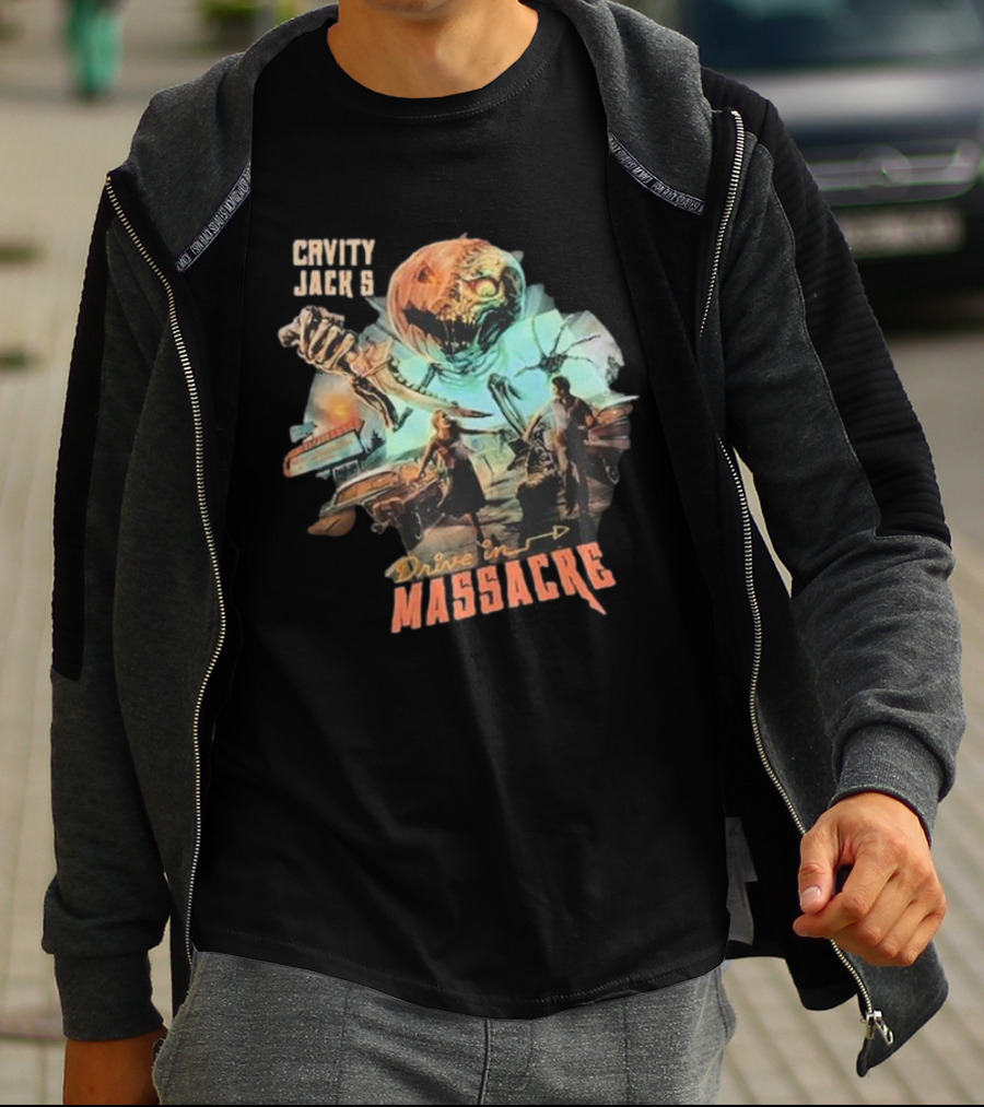 Cavity Jack's Drive In Massacre Giant Pumpkin Horror Scene T-Shirt