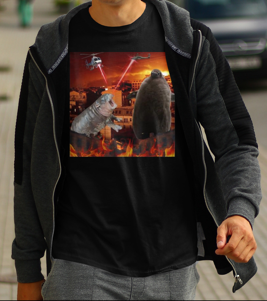 Moo Deng And Pesto Battle Urban Showdown With Helicopters And Laser Beams T-Shirt