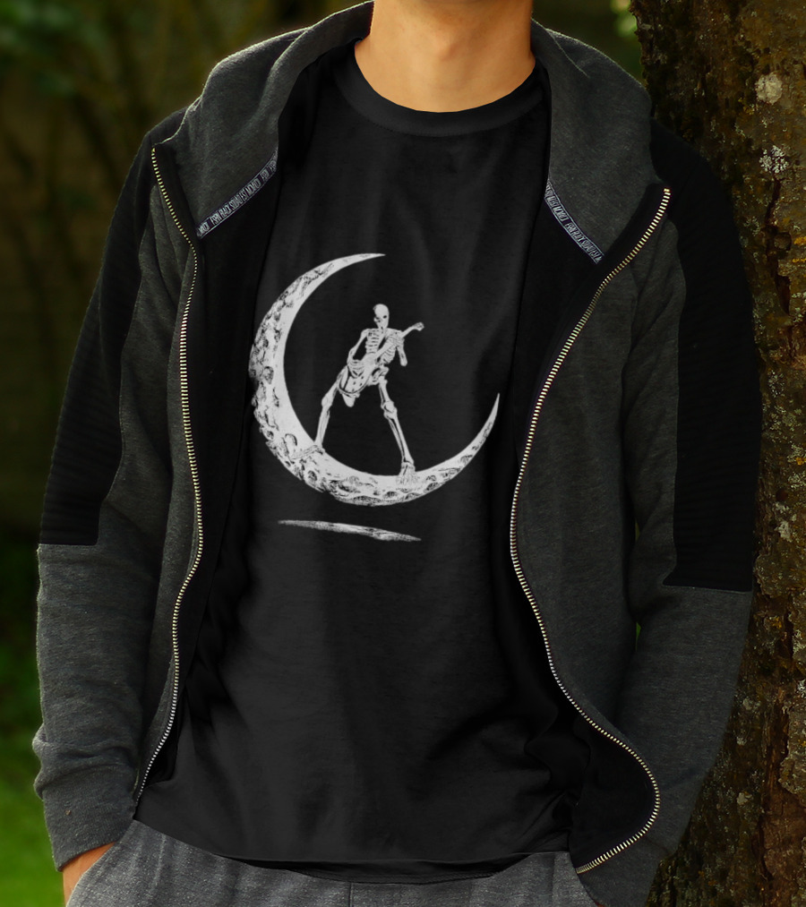 Skeleton Playing Guitar On Crescent Moon Rock And Roll Band T-Shirt